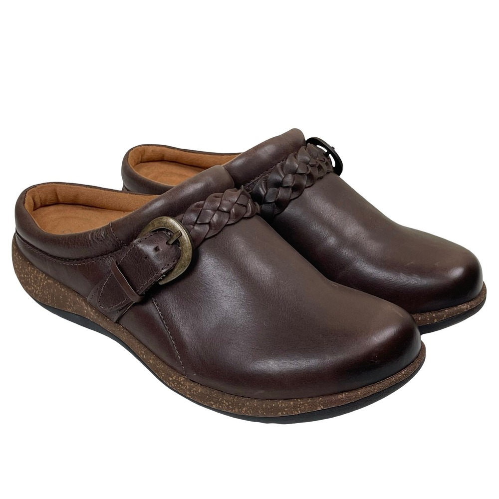 Aetrex Libby Clogs Women 8.5 Brown Leather Braided Buckle Slip On Mules Comfort